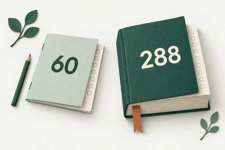 A slim booklet marked 60 beside a thicker booklet marked 288.