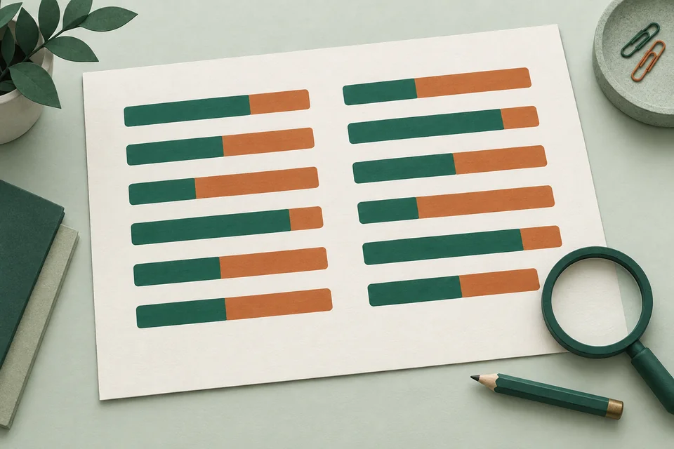An illustrated report with twelve green-and-terracotta scales and a magnifying glass.