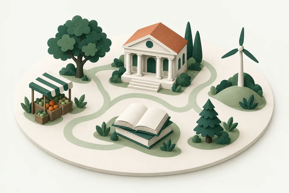 A paper landscape linking a community hall, market, books, trees and clean energy.